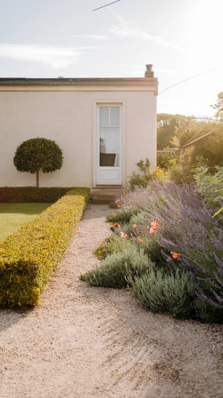 low boxwood hedge, with a single, clipped bay laurel tree. On the other side of the path, a jumble of woody lavender, sprawling rosemary,