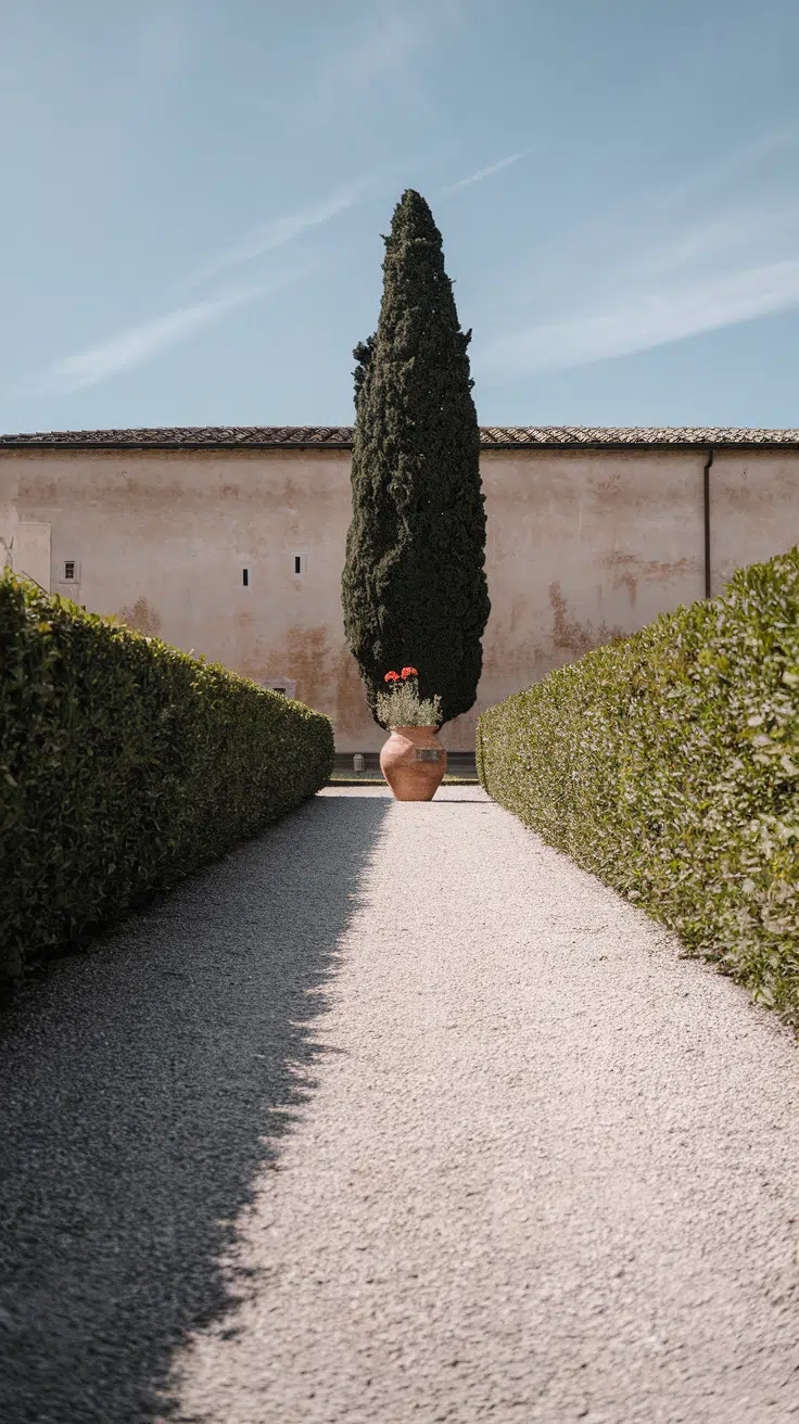 Gravel path is flanked by two parallel boxwood hedges leading to tall cypress tree