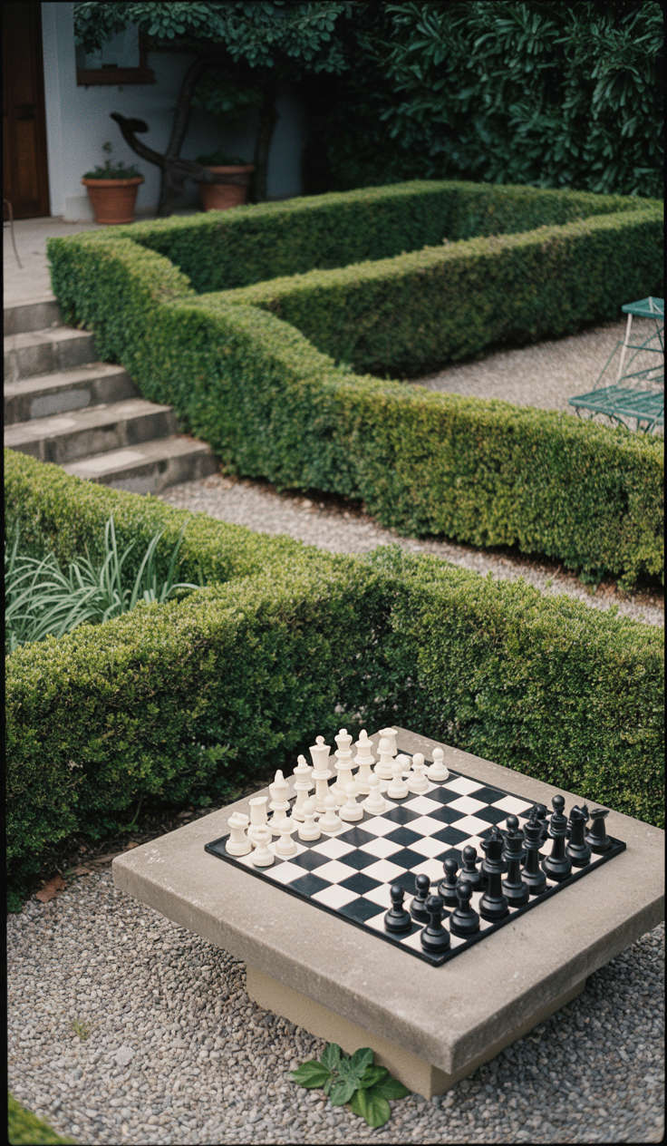 Backyard divided into geometric sections. Box hedges and chess set on a concrete pedestal