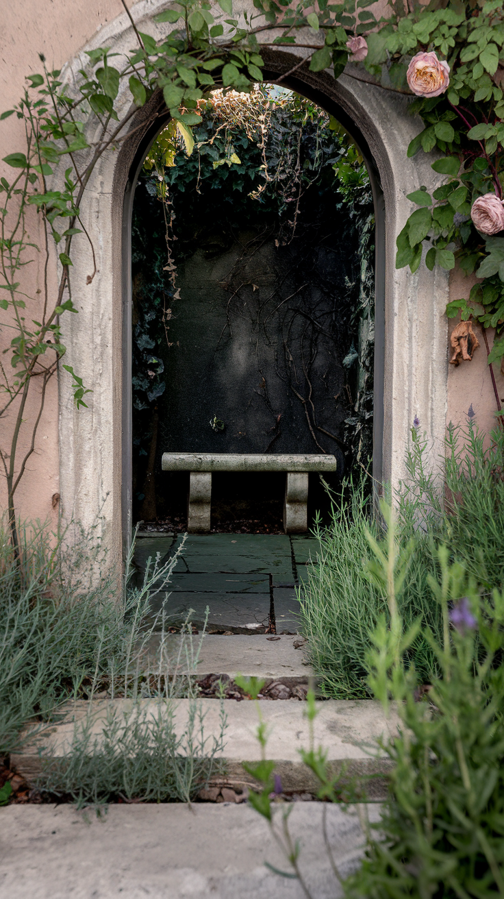 Thyme, wild oregano grow untidily with climbing roses around the arch