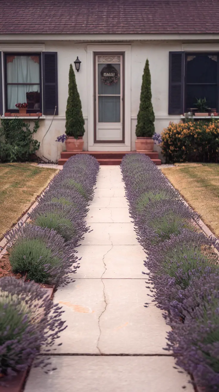 Italian style front yard with lavender and cypress trees