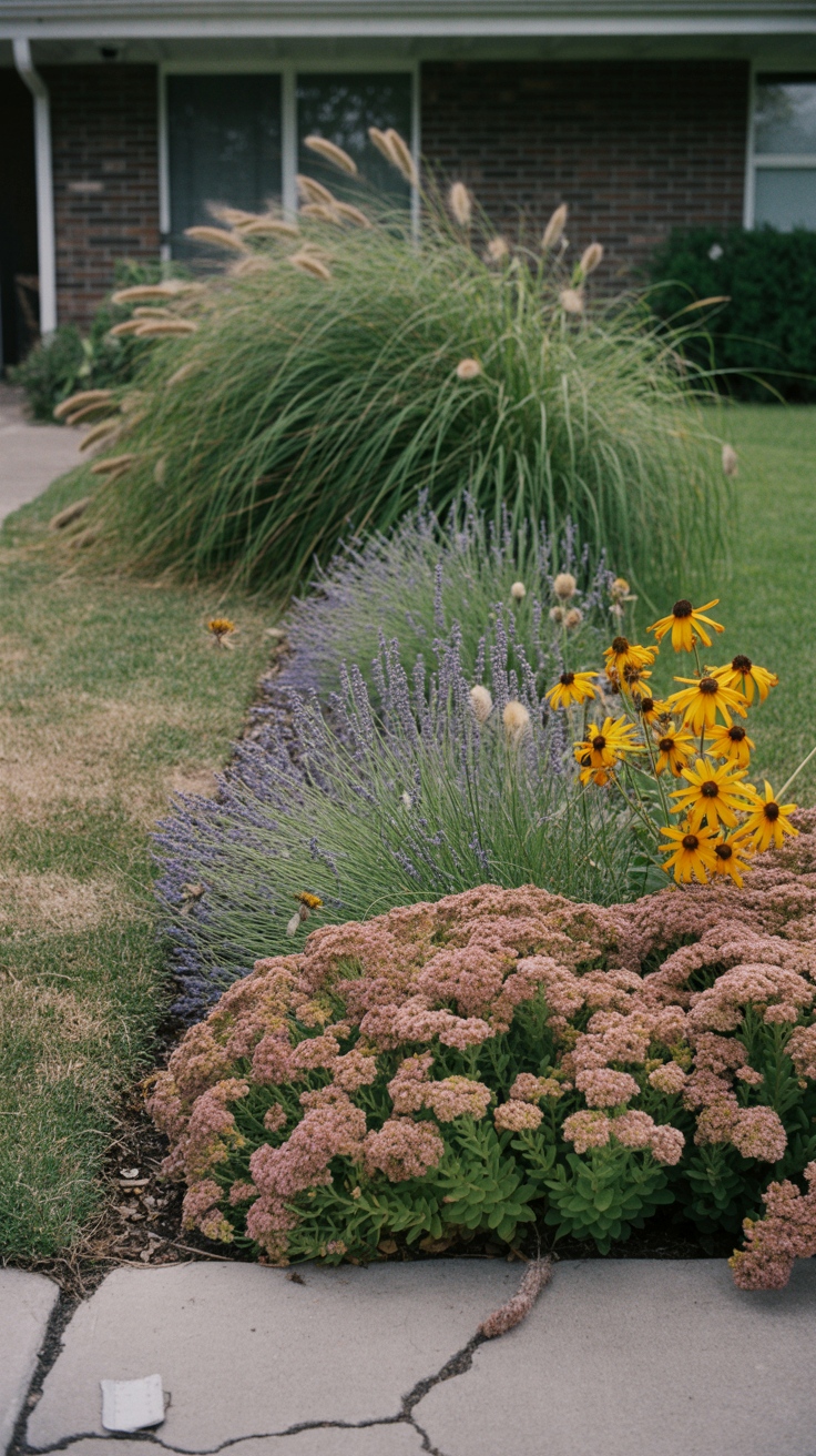 lavender, 'Autumn Joy' sedum, black eyes Susan's and fountain grass