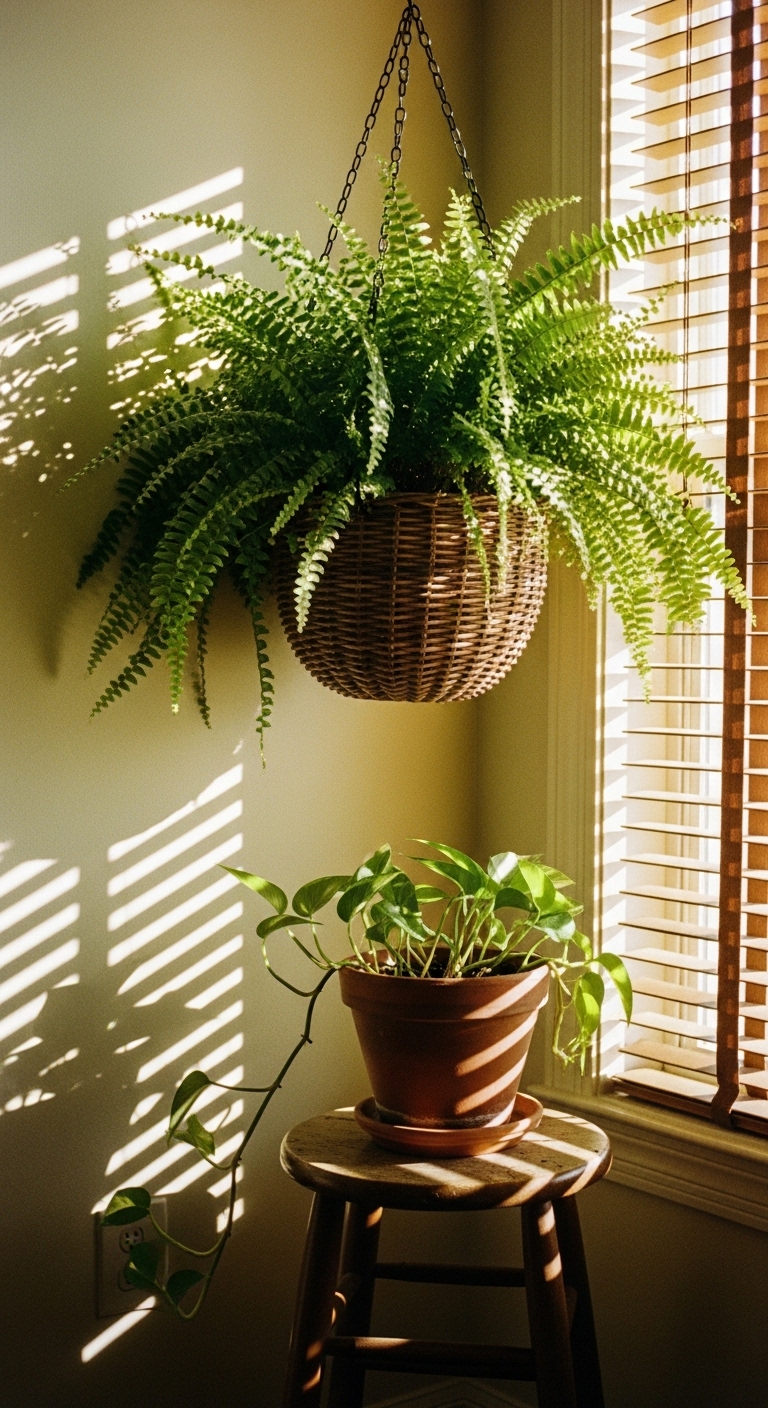 Boston fern and trailing pothos plant