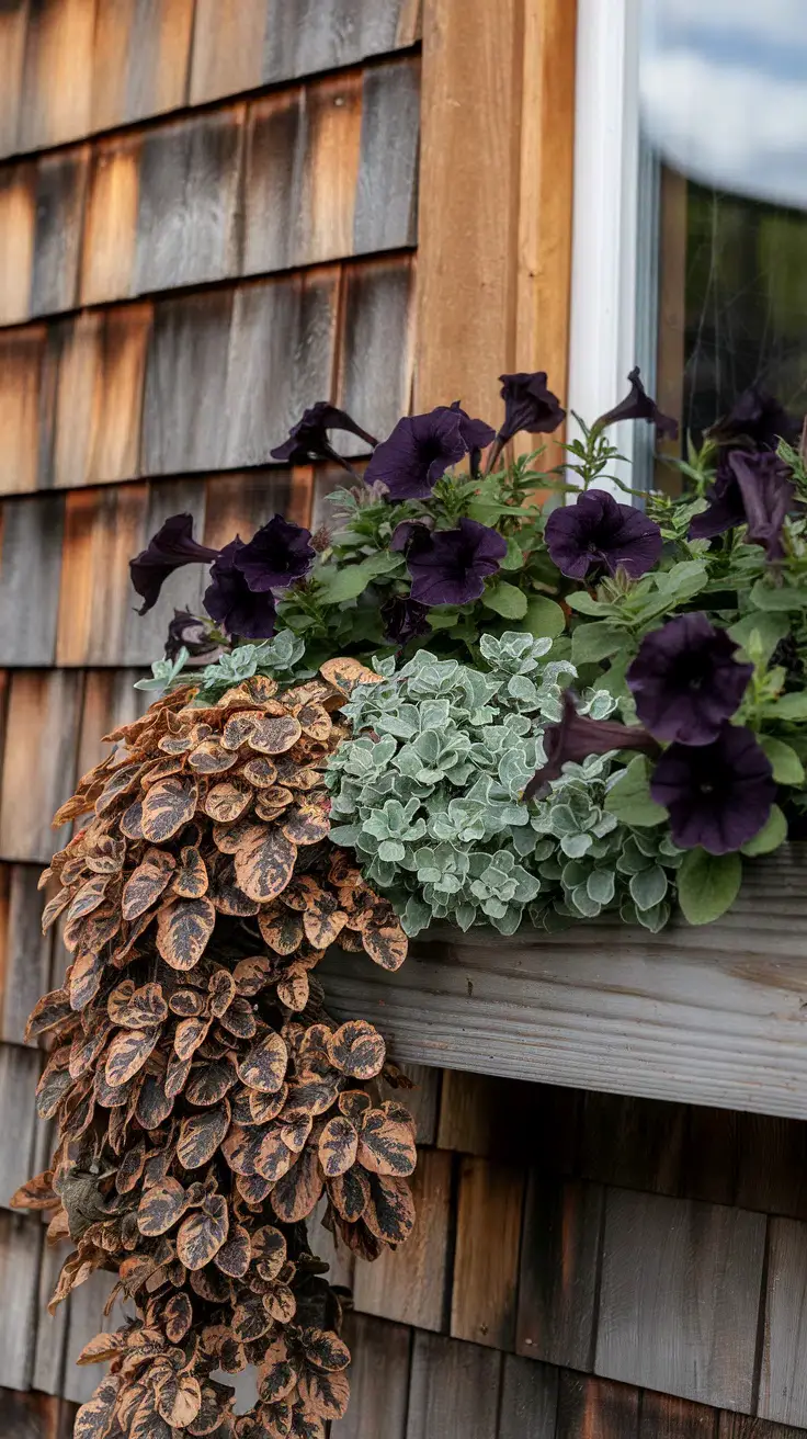 Grayish-green foliage of Santolina. Woven through it and trailing over the side is the striking foliage of a copper-leafed Alternanthera, its metallic orange-brown leaves catching the light. Providing the deep, dramatic anchor color are clusters of midnight violet Petunias
