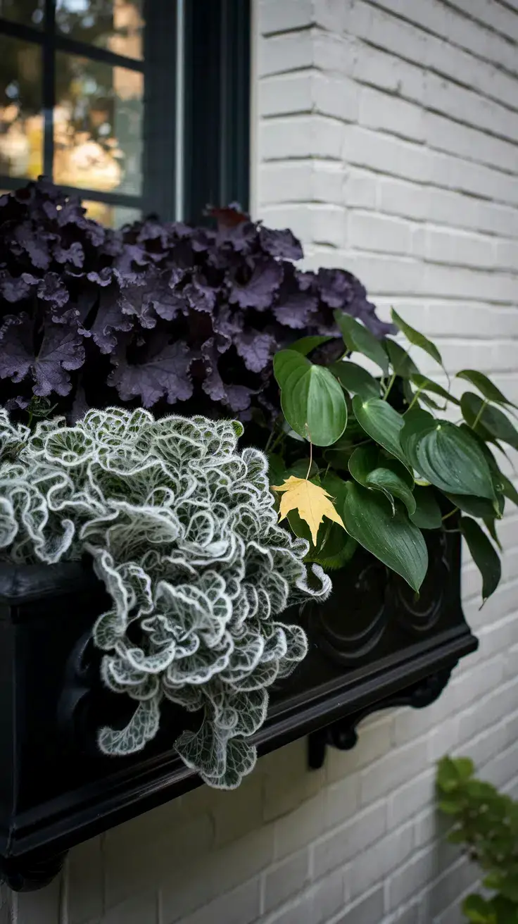 Matte texture Lamb's Ear creates a velvety edge, a cluster of Heuchera 'Plum Pudding' provides matte purple tones and European Ginger with its glossy leaves.