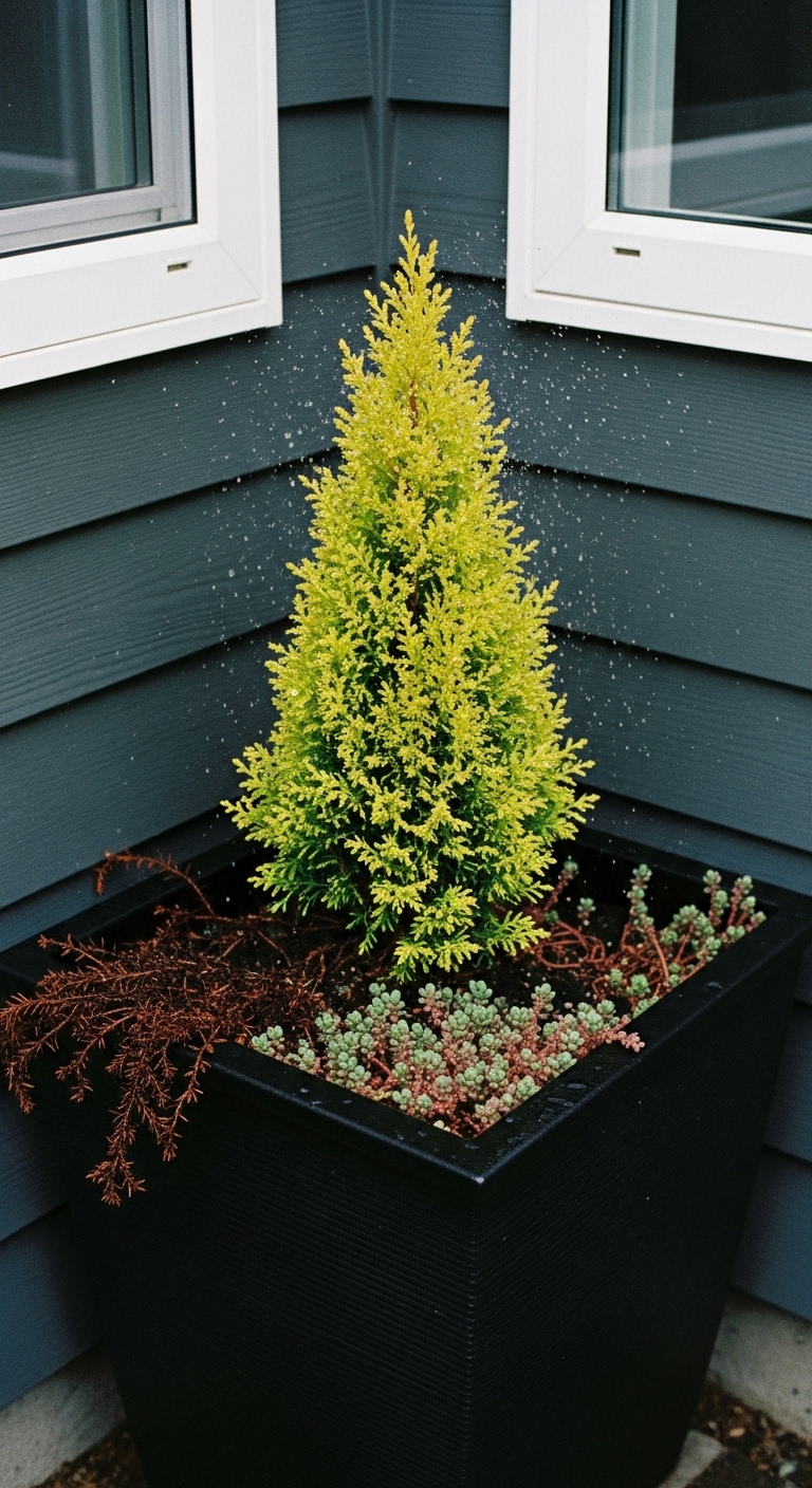 Miniature Lemon Cypress ('Goldcrest'), low-growing sedum