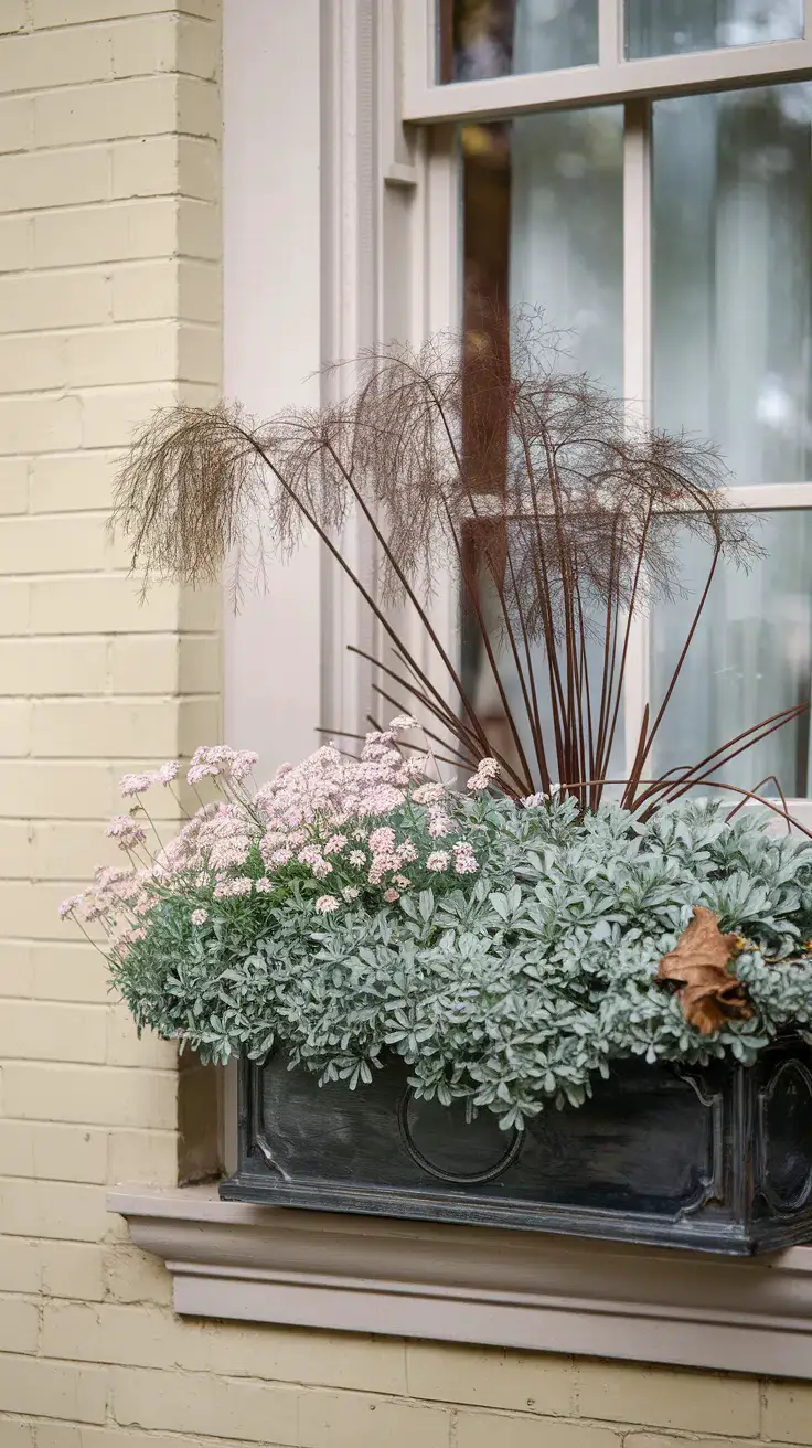 Artemisia 'Silver Mound' creates a soft, pewter base. Pale pink flowers of a Diascia, some spilling slightly over the edge. For height and texture, Bronze Fennel