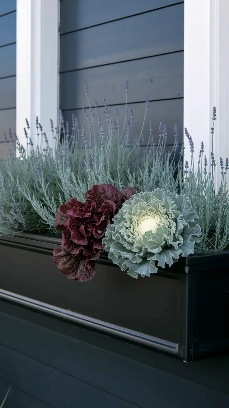 Lavender provide the "sage" element, In between are deep red leaves of a 'Lollo Rossa' Burgundy Lettuce, The "champagne" element comes from cream-colored Ornamental Kale,
