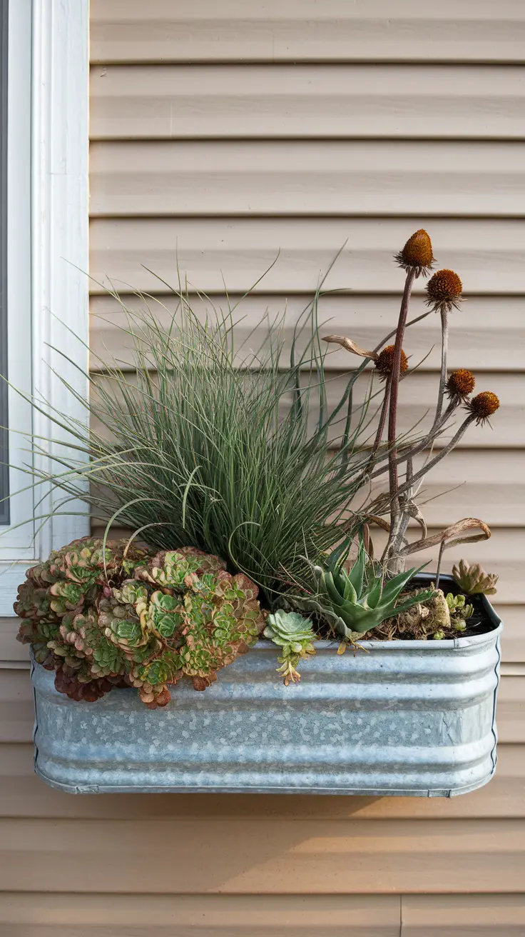 'Autumn Joy' Sedum with its fleshy leaves sits next to a spiky blue fescue grass. In between them are the dried, dark brown seed heads of a coneflower from the summer bloom, left for winter interest and for the bird