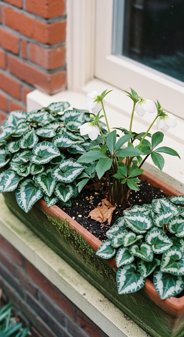 Cyclamen persicum 'Silverleaf' and Helleborus 'Winterbells'