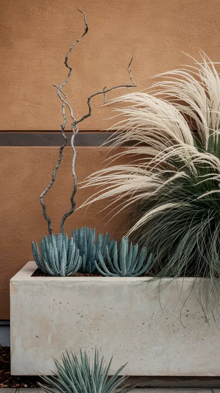 Blue chalk sticks, creating a rigid, sculptural base, bare, gnarled branches of twisted willow, adding structure. Contrast, a clump of Mexican feather grass