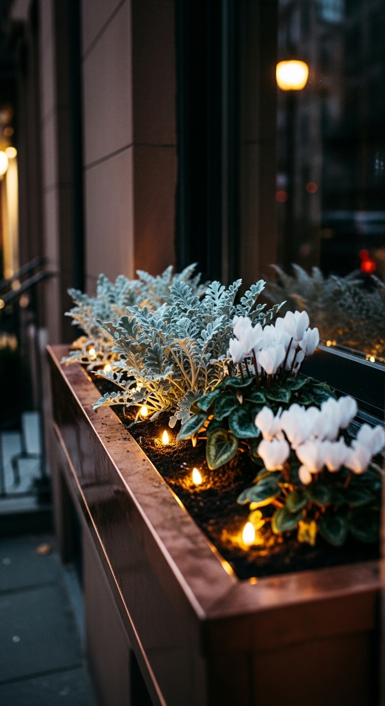 Silver dusty miller and white cyclamen in copper window box