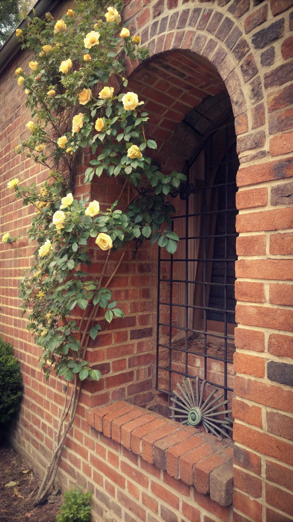 'Graham Thomas' with cupped, yellow blooms climbing around an alcove
