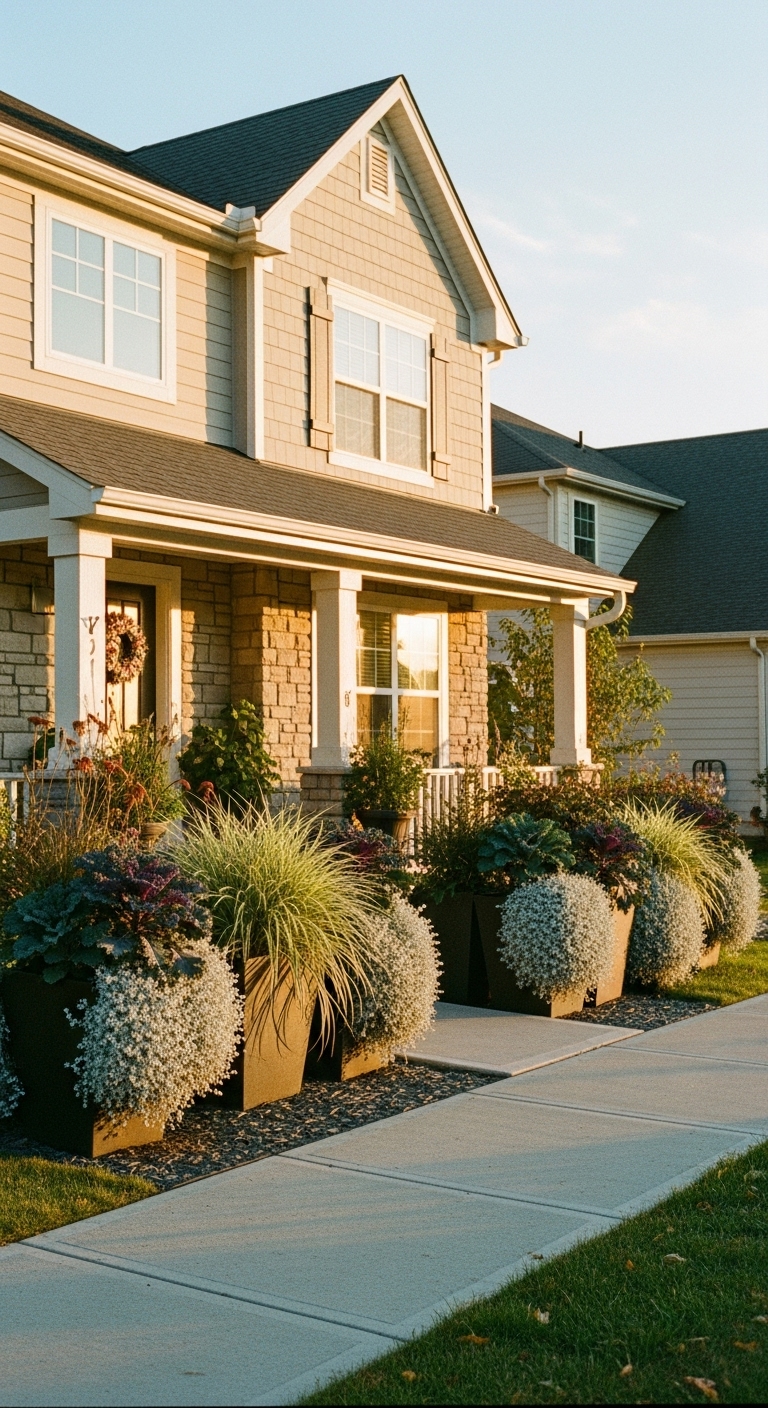 Ornamental grasses, Kale, Silver dichondra