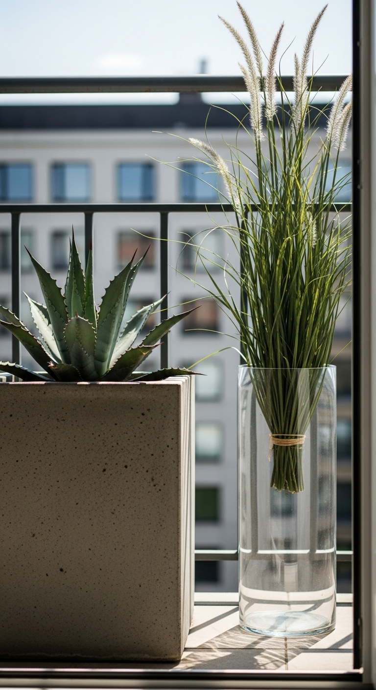 Balcony shelf with spiky agave plant and glass vase contains ornamental grass.
