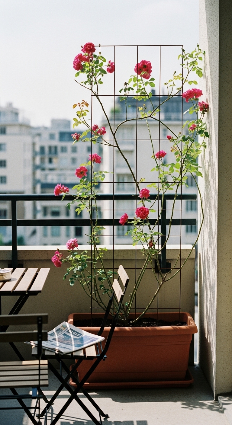 Zephirine Drouhin growing in a pot on a balcony