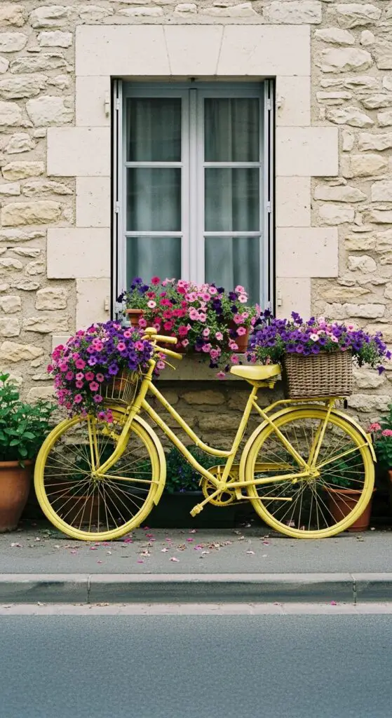 old cruiser bicycle painted canary yellow upcycled into a planter