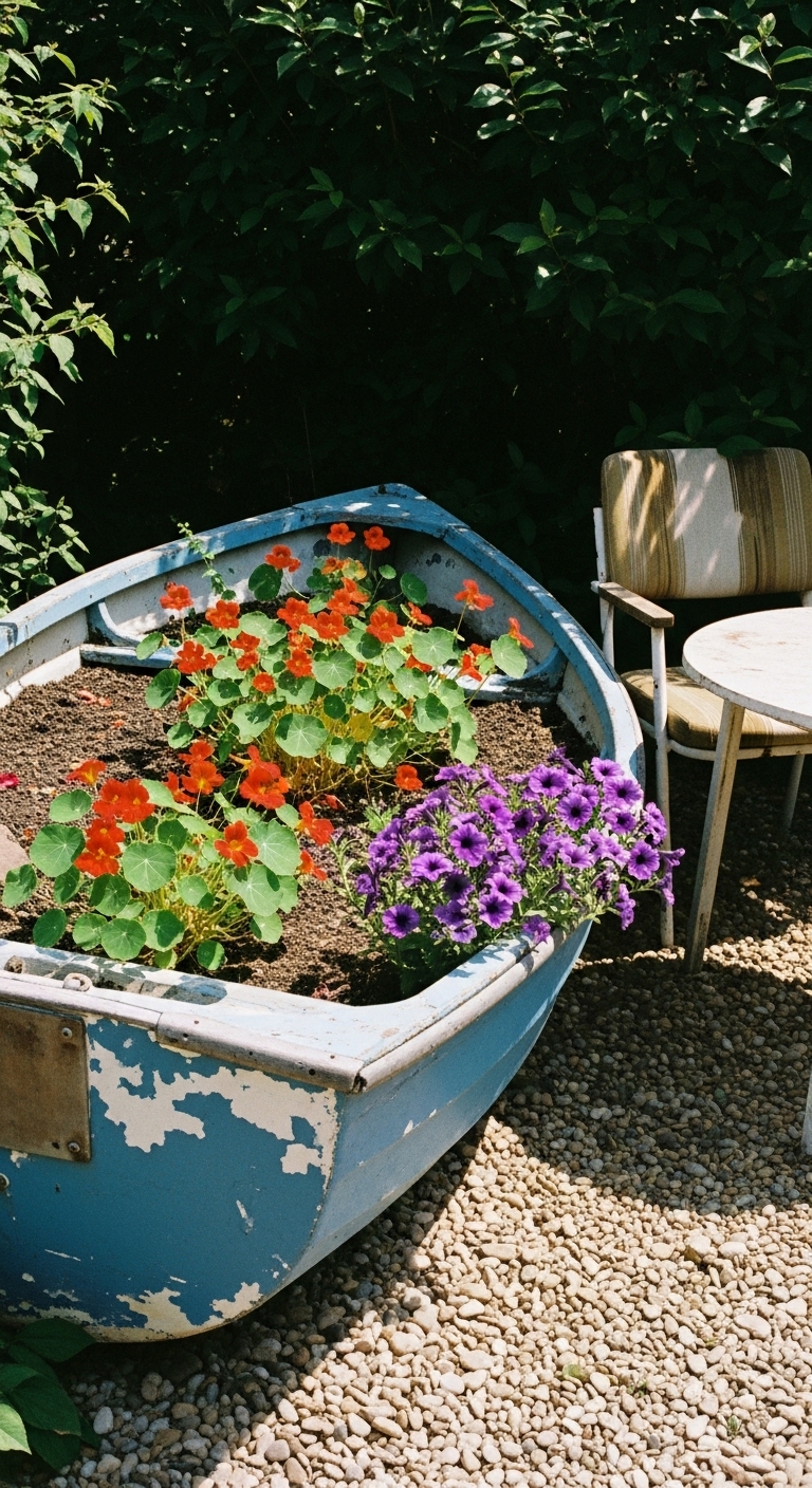 Old boat as a planter with table and chair next to it