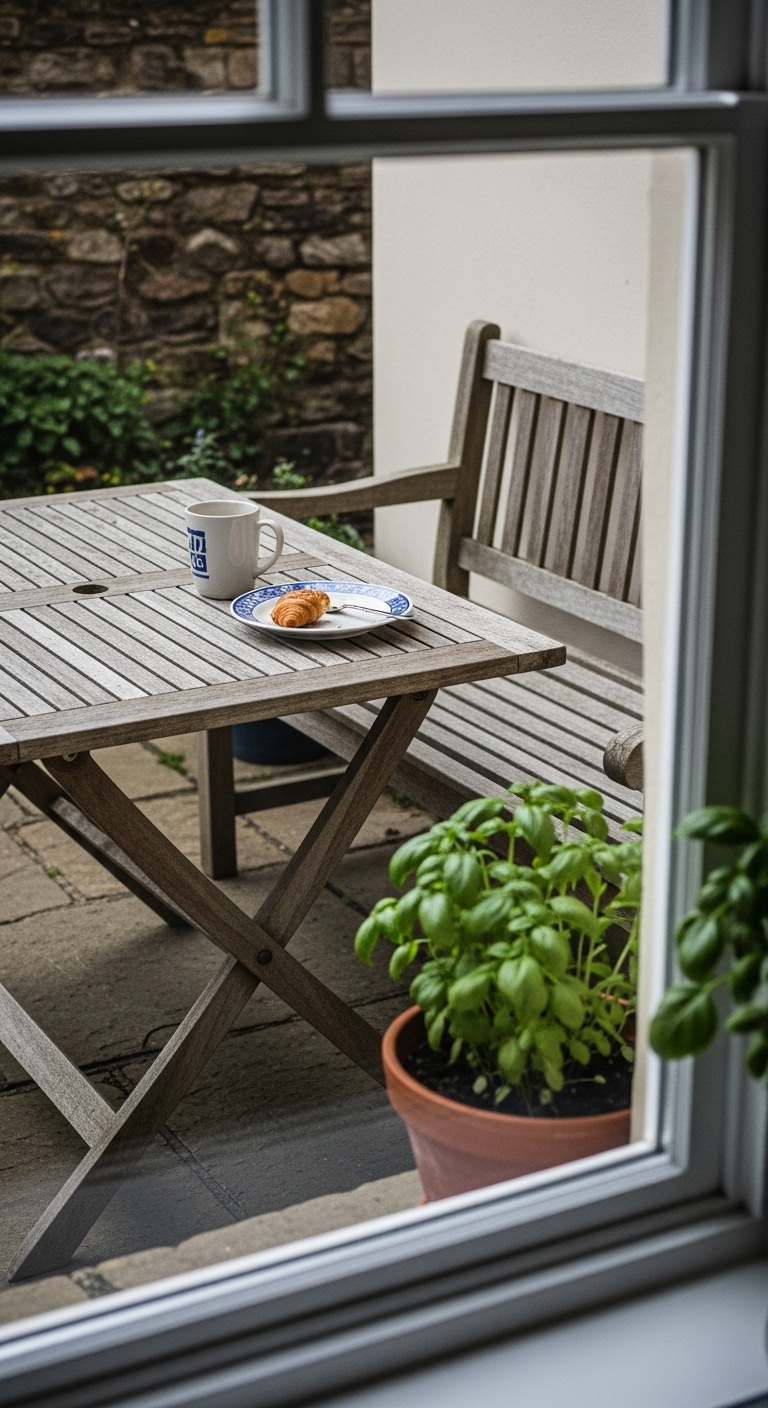 terracotta pot with overgrown basil is next to the bench breakfast nook on a patio