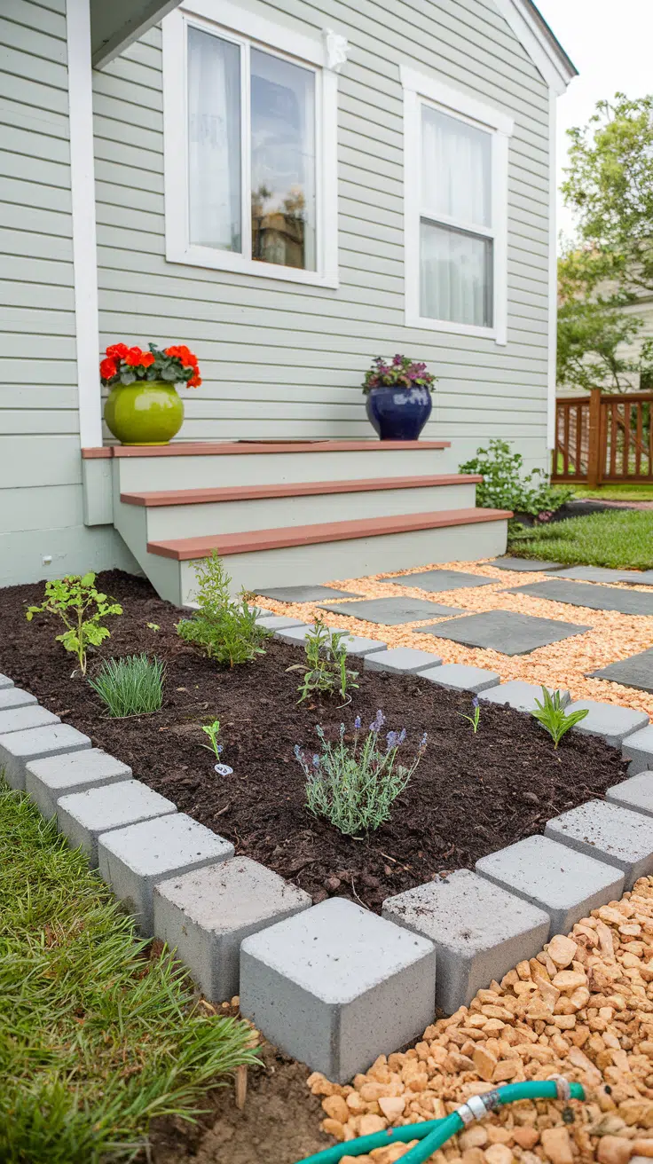 Sprigs of lavender, one small rosemary plant, and some plugs of blue fescue grass