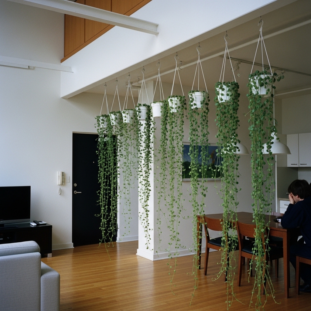 Green vines of a String of Hearts plant cascade down from pots creating a see-through curtain
