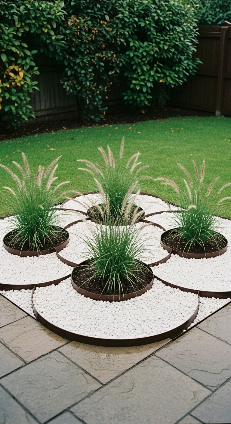 Interlocking circle beds with dwarf fountain grass