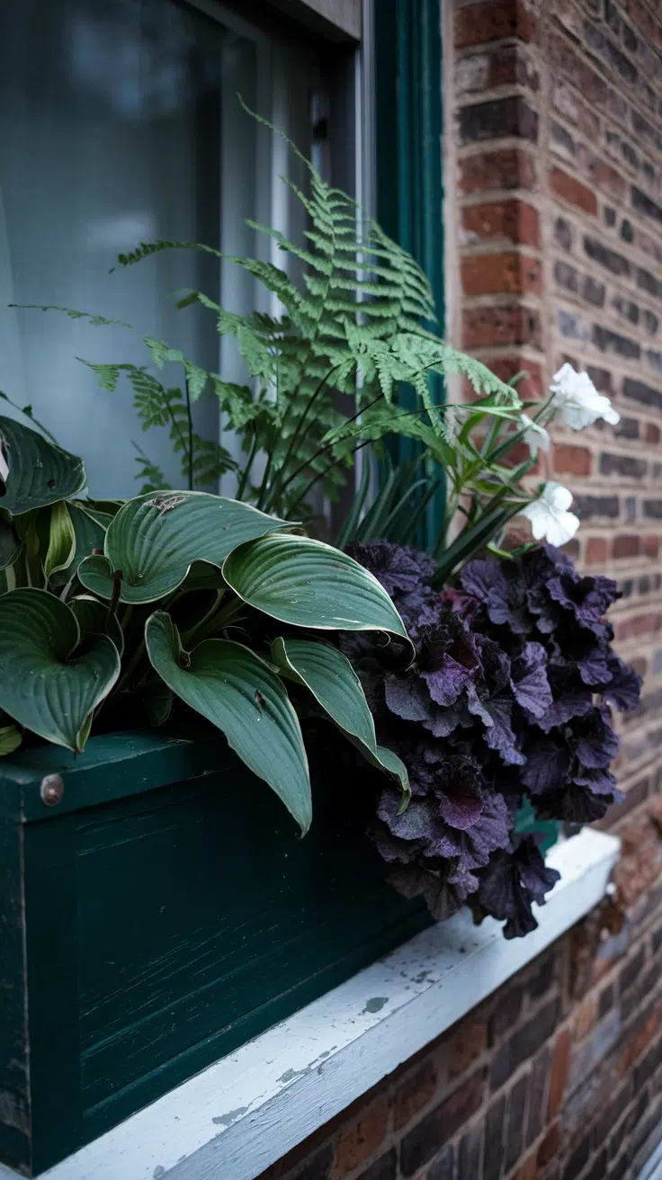 Hostas, maidenhair fern, and a cluster of deep purple Coral Bells (Heuchera)