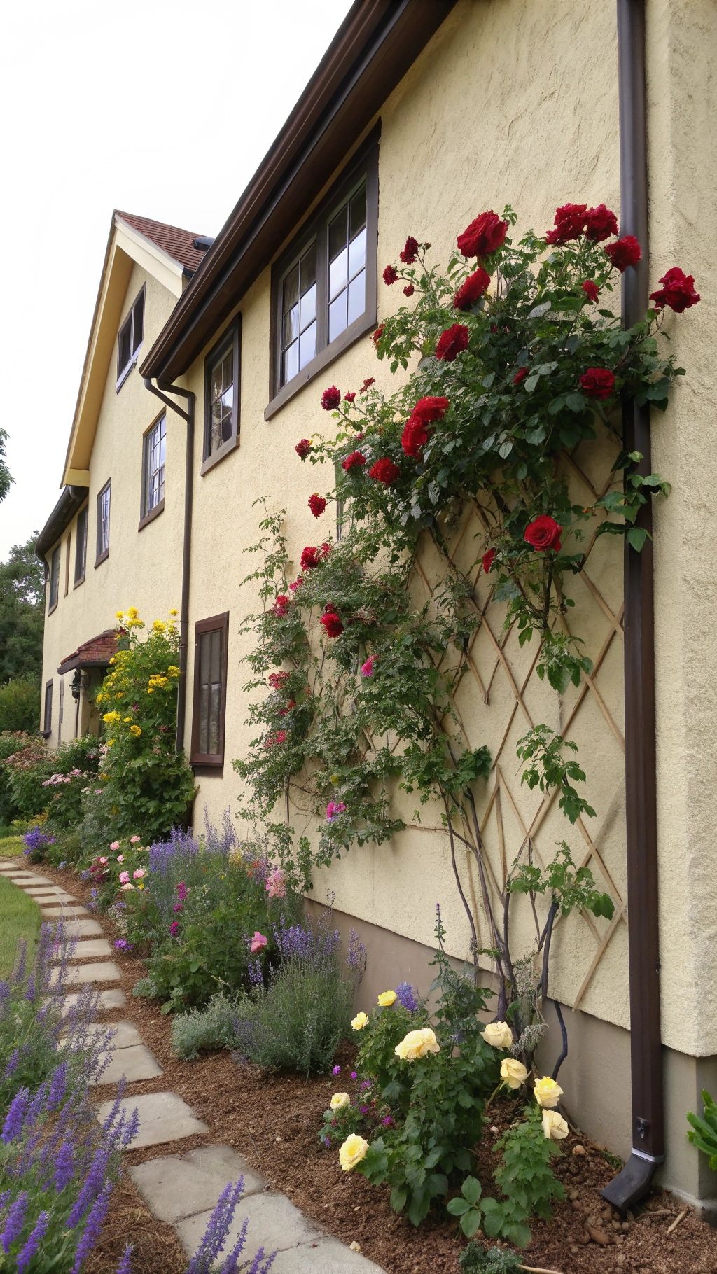 Deep red 'Blaze Improved' climbing rose grows next to a pale yellow 'Graham Thomas',