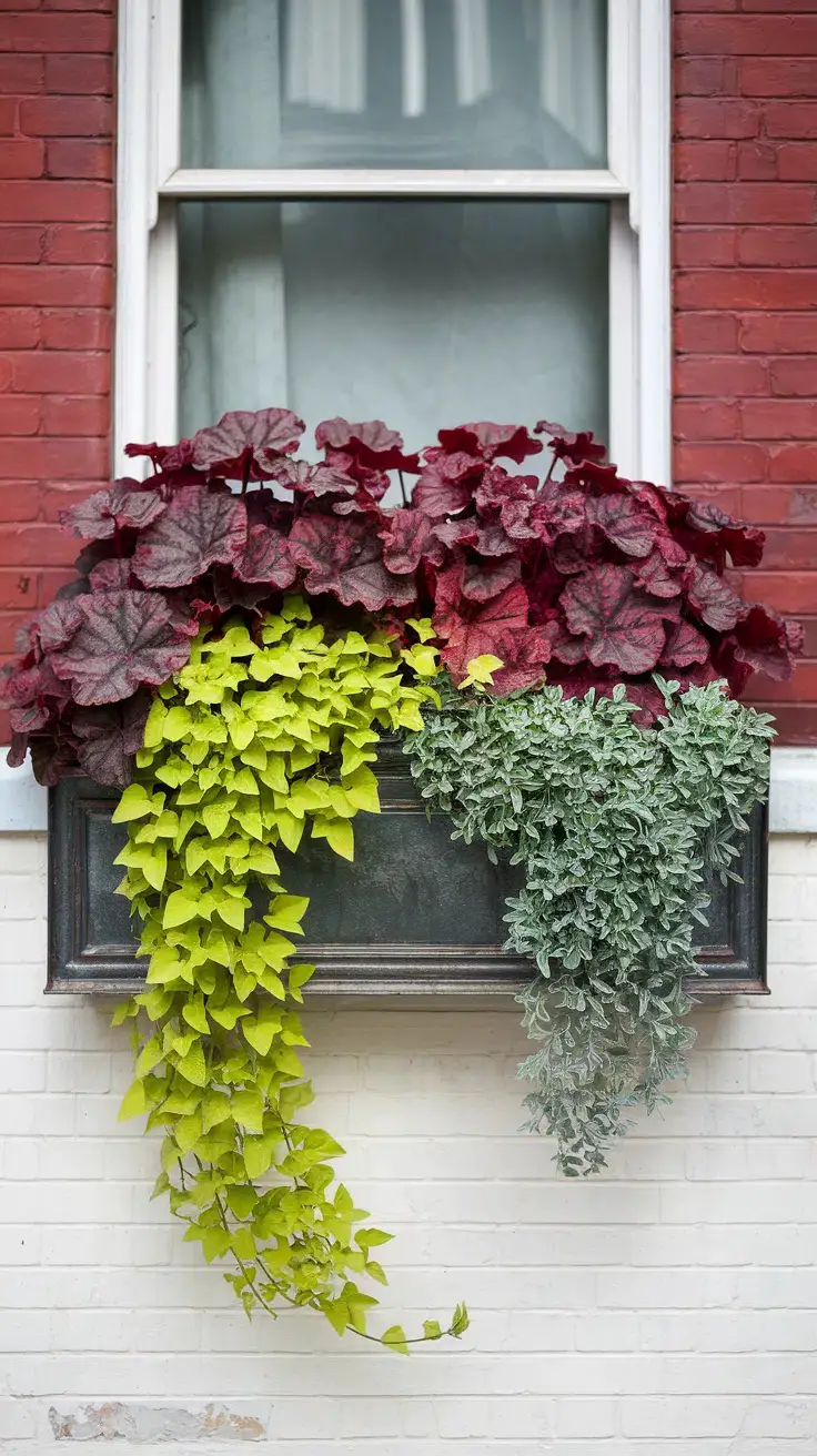 Chartreuse Sweet Potato Vine spills over the front edge, Behind it are burgundy Heuchera. Giving silvery-pewter texture, Dichondra 'Silver Falls'