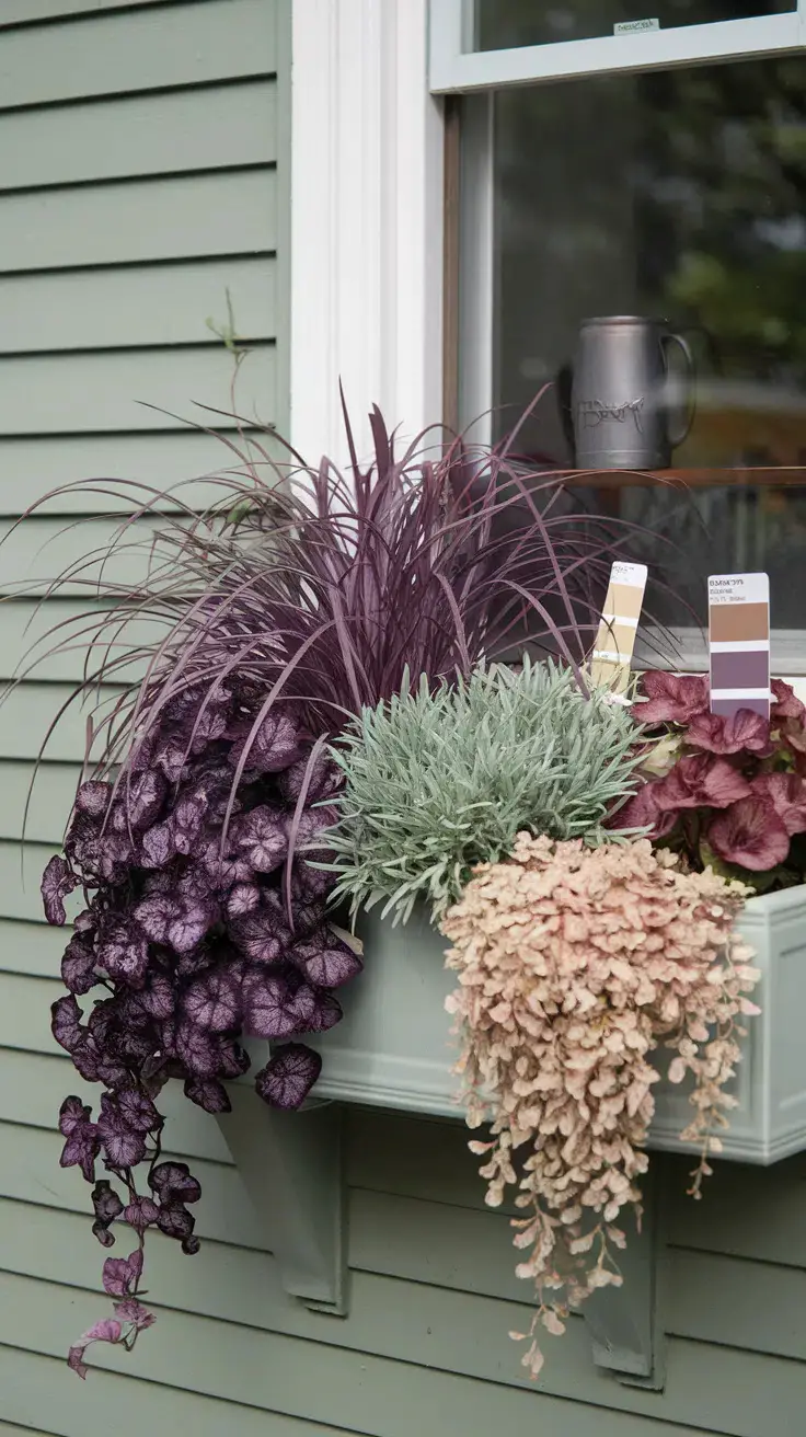 Purple fountain grass, silvery dusty miller, deep burgundy coleus, and trailing bacopa