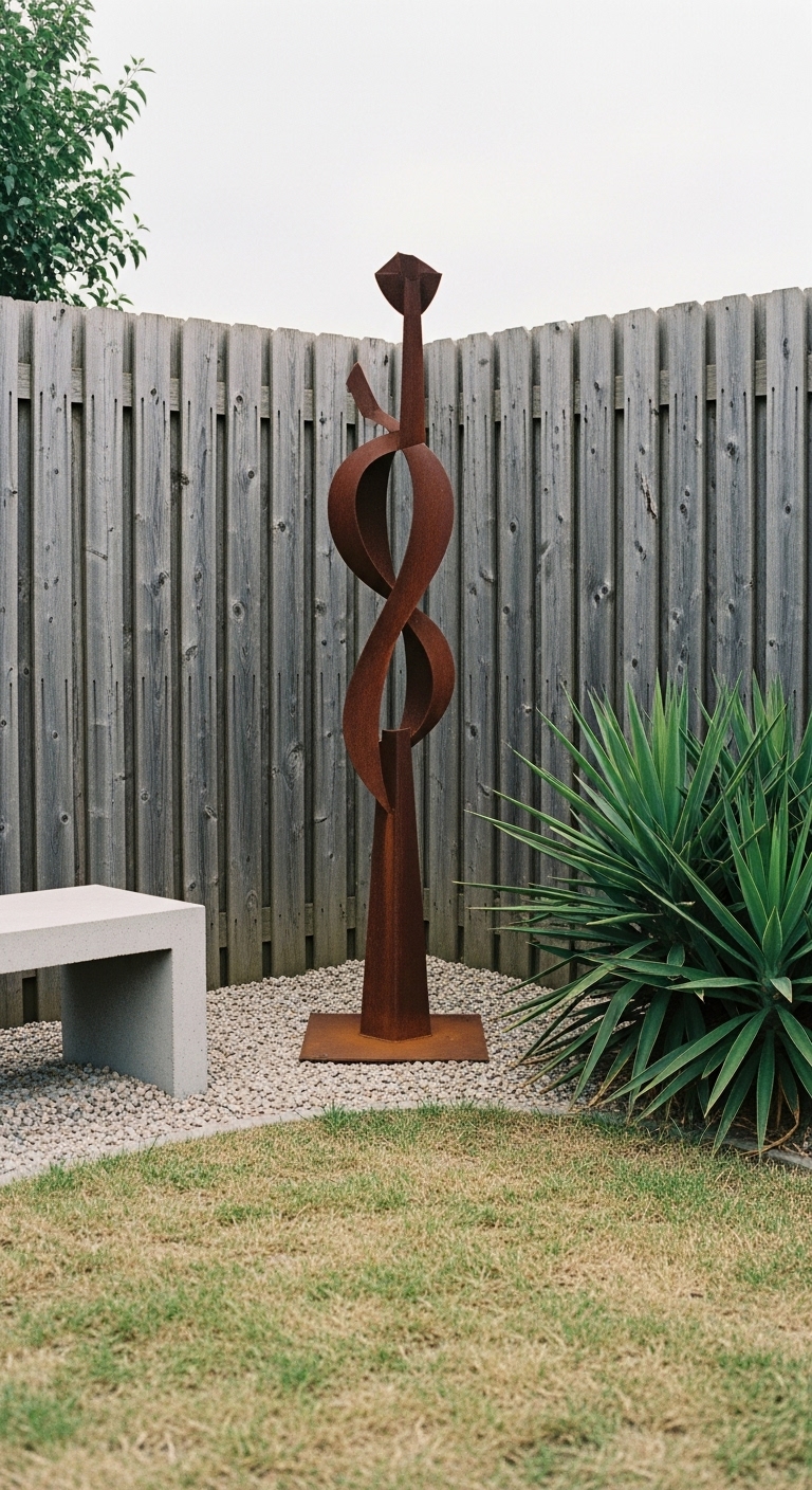 rust-colored metal sculpture with a spiky yucca plants grows and concreate cast bench either side