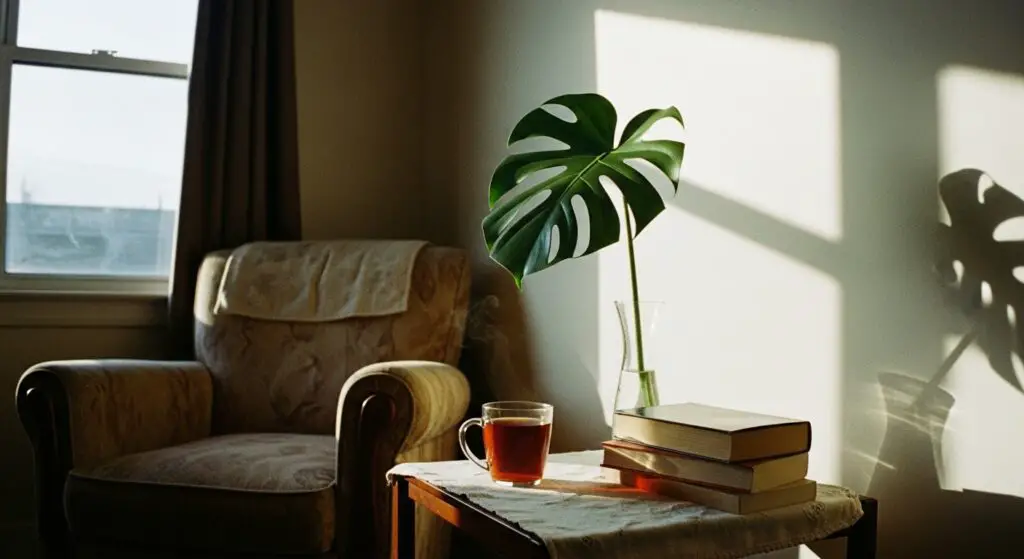 A single, dramatic monstera leaf in a simple glass vase