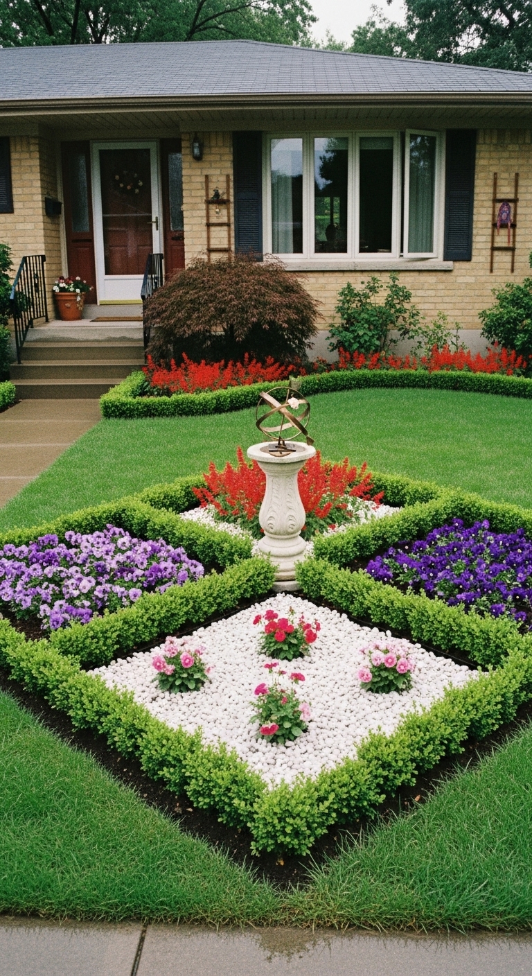 Diamond-shaped beds fill the space and a small bronze sundial marks where the diamonds meet