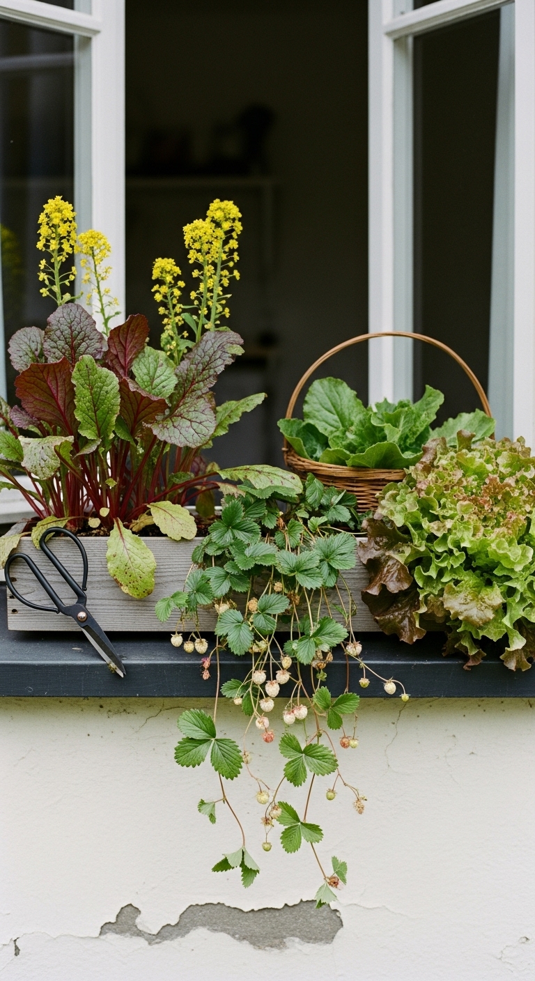 Ruby-streaked mustard greens, trailing alpine strawberries dangling tiny white fruits, and frilly winter lettuce