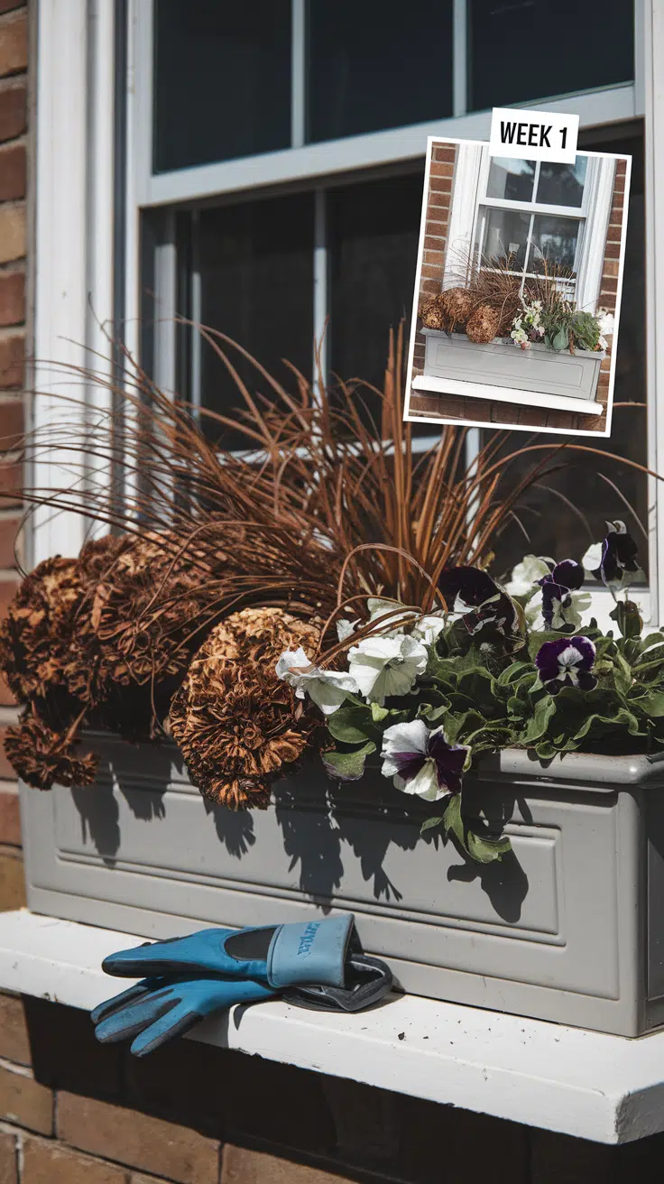 Window box disaster showing crispy brown mums, toppled-over ornamental grasses, and slug-eaten pansies
