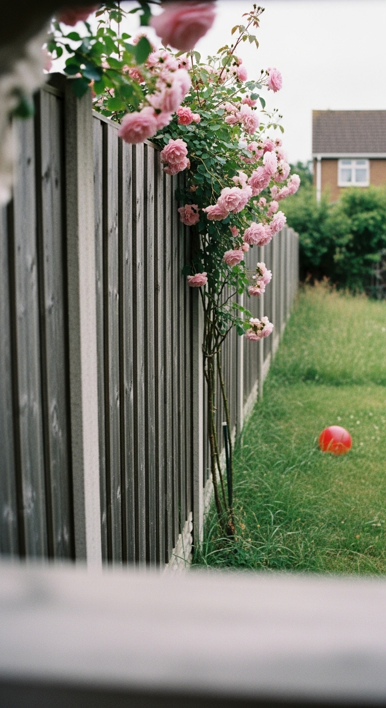 'New Dawn' climbing rose cascading over a wooden fence