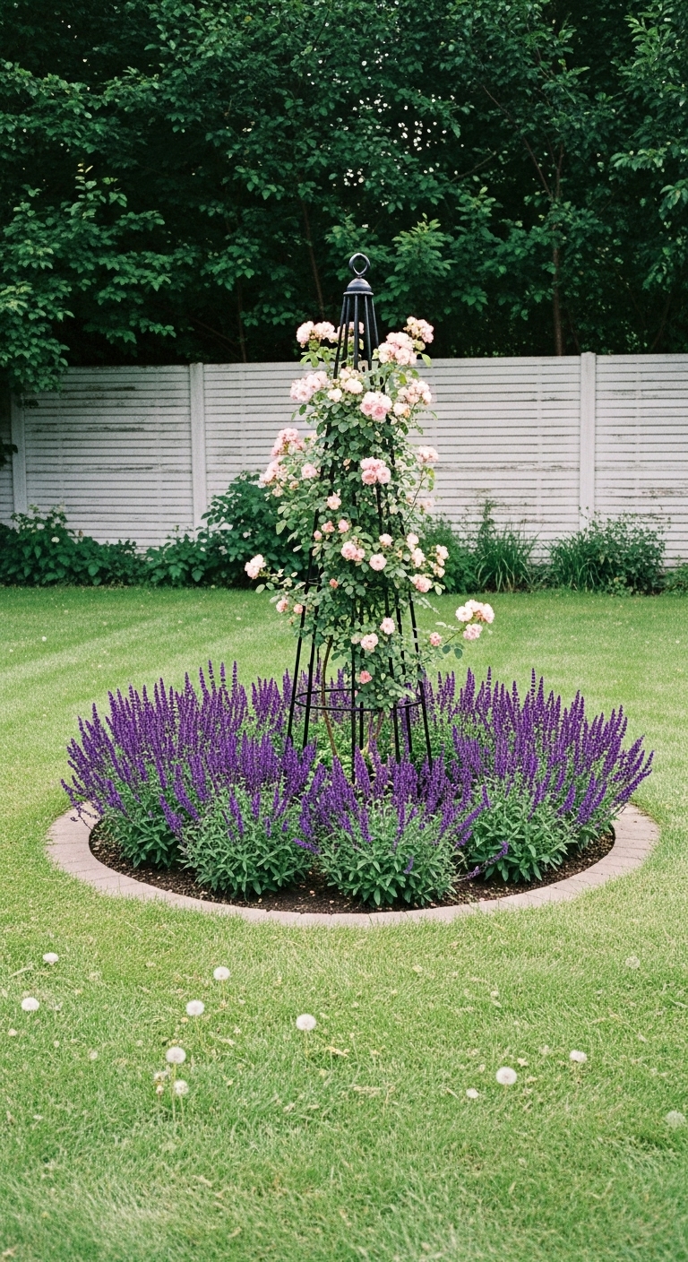 pale pink 'New Dawn' rose climbing black metal obelisk and flowerbed filled with purple salvia