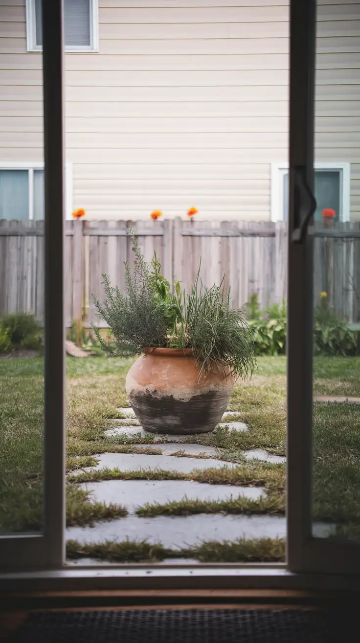 A large, old terracotta pot in the center of the garden as a focal point. rosemary bush, some leggy basil plants, and chives