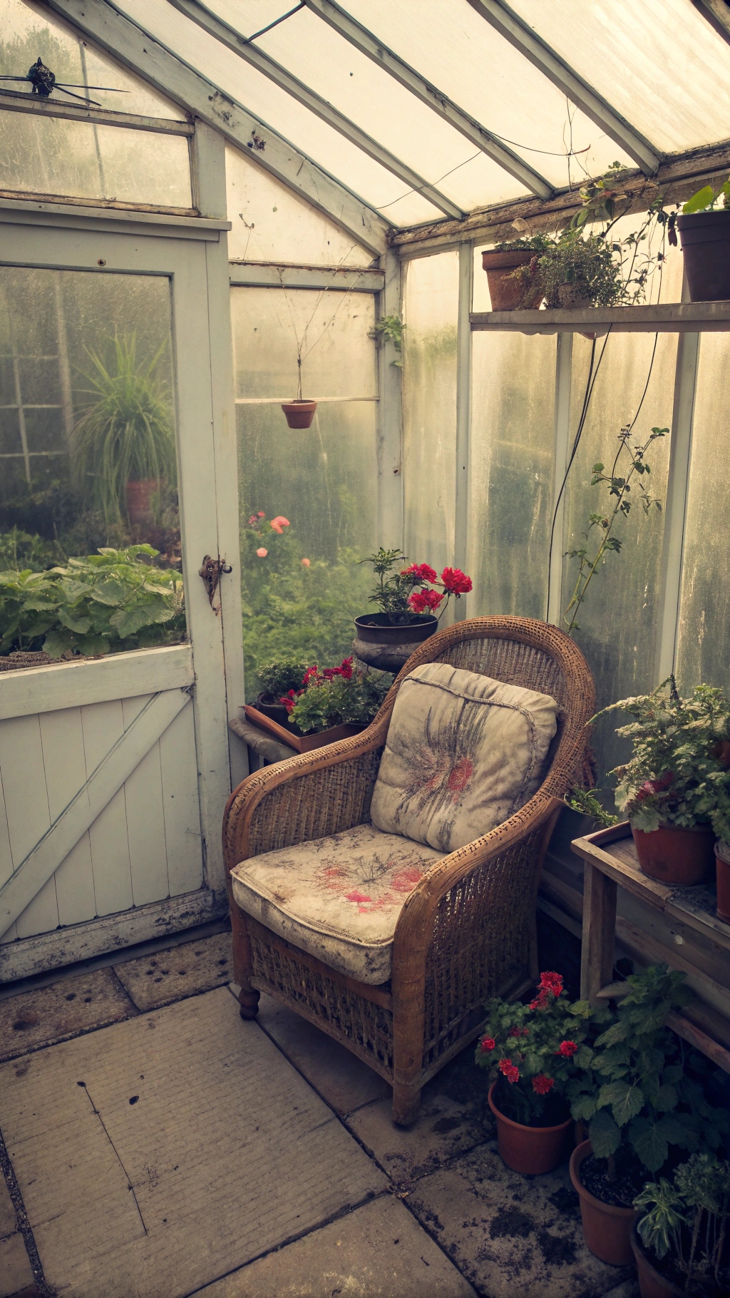 Greenhouse wicker armchair with a faded chintz cushion