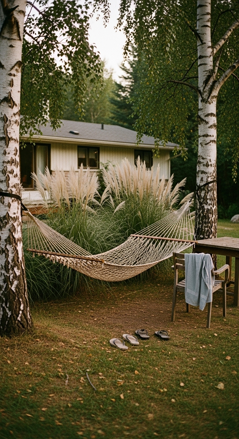 hammock strung between two silver birch trees