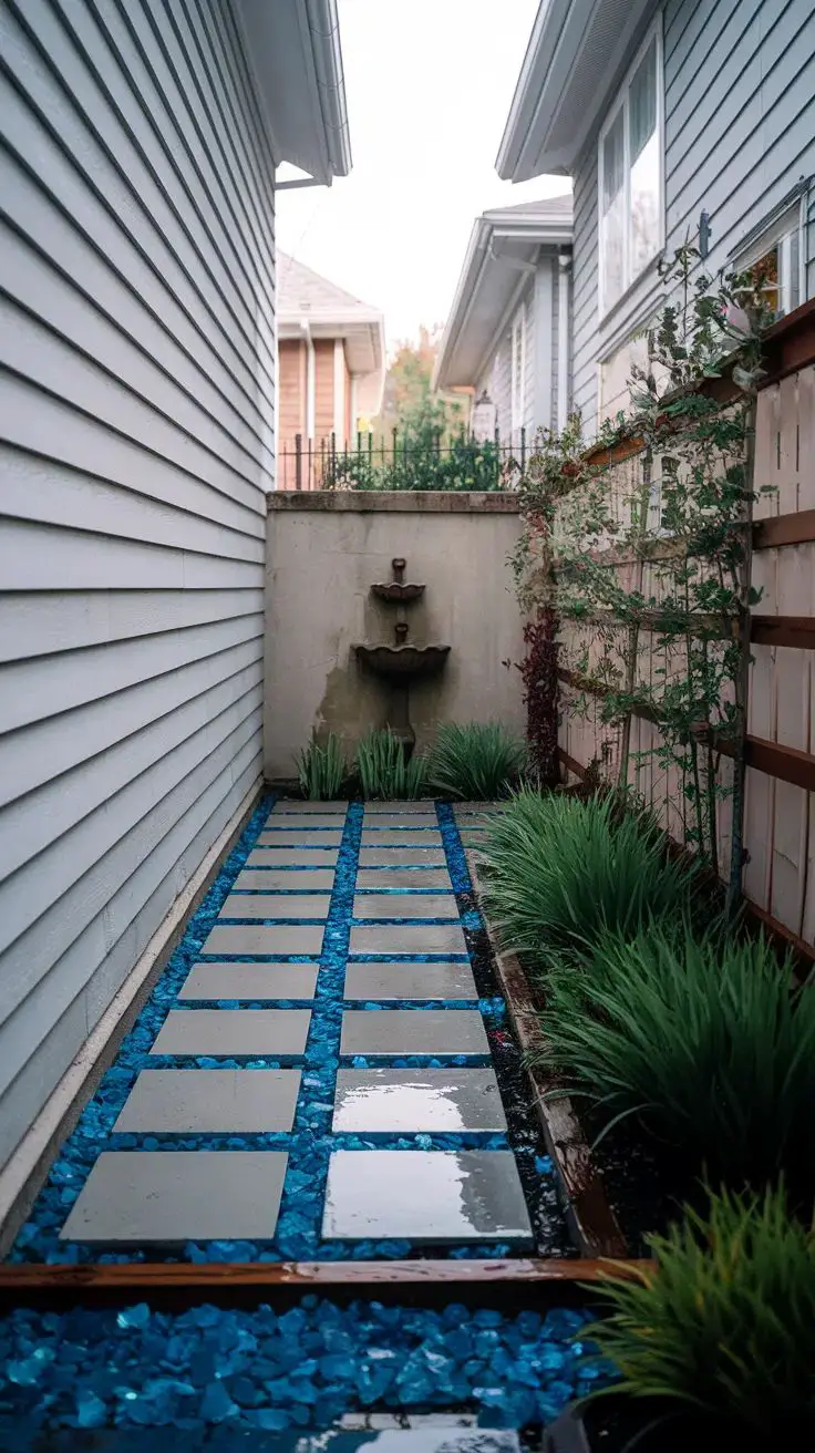 Hardscape parterre. Square concrete pavers alternate with squares of blue glass mulch