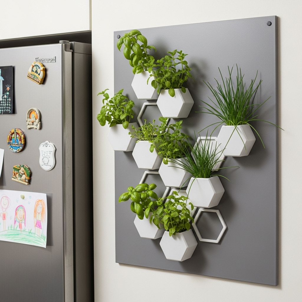 hexagonal magnetic pots are arranged in a honeycomb pattern holding small herbs basil, mint, and chives