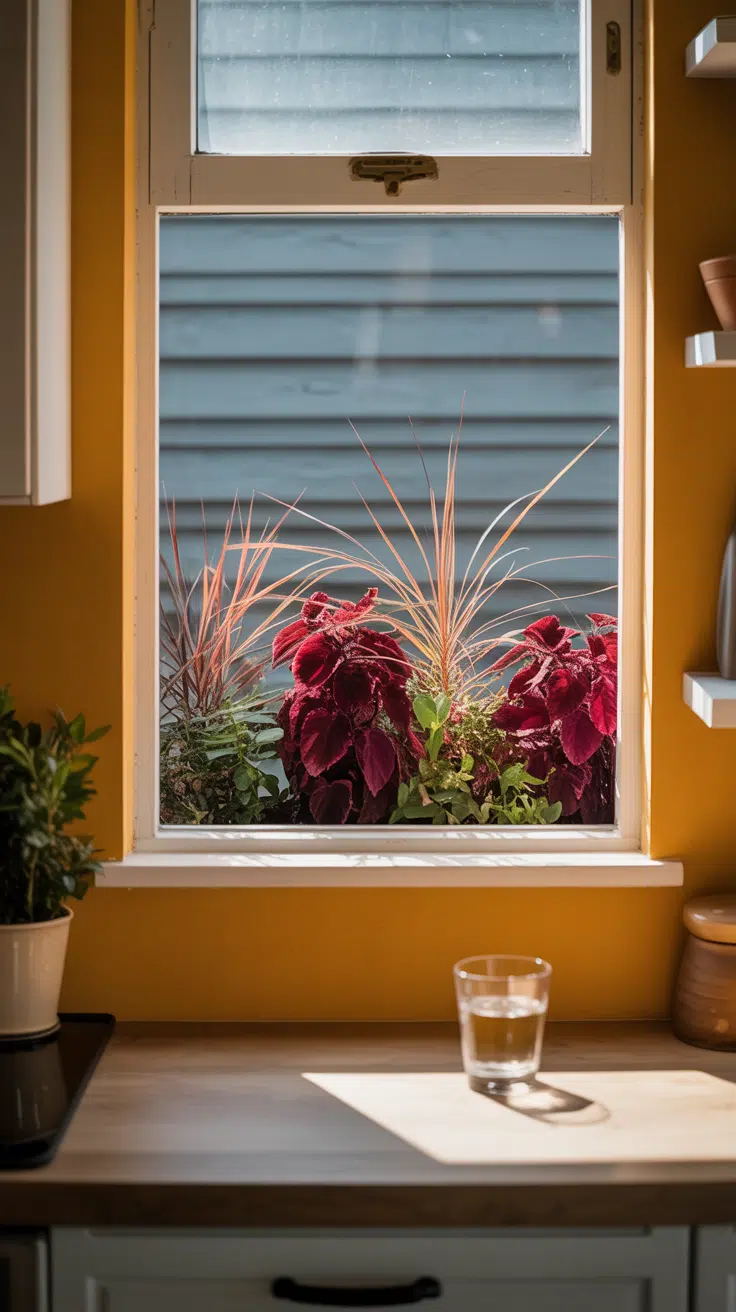 Looking out of kitchen window burgundy Coleus with large, velvety leaves coppery-bronze blades of a Carex testacea grass