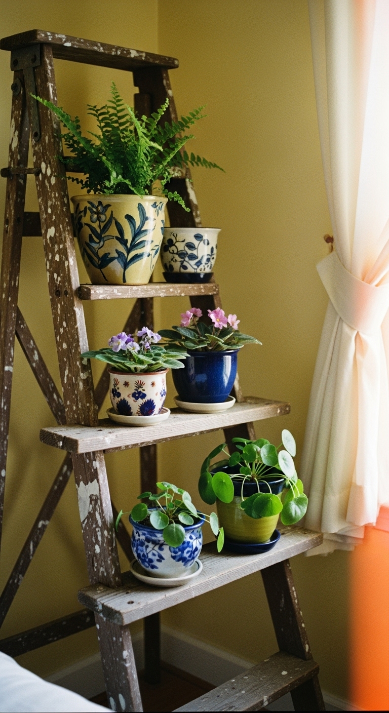 Old paint splattered wooden ladder converted into a plant stand with fern, a flowering violet, and a small pilea