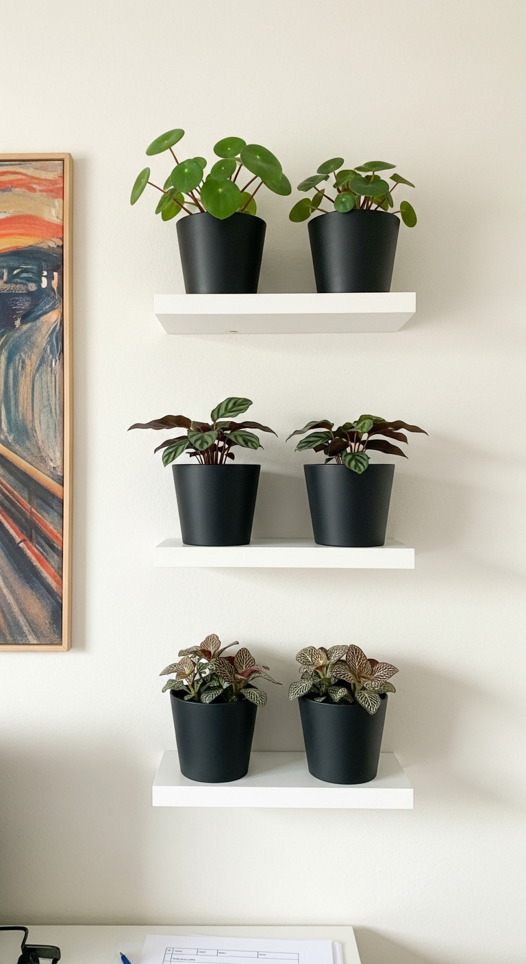 Ladder shelves with Peperomia, a small Calathea, and a Fittonia