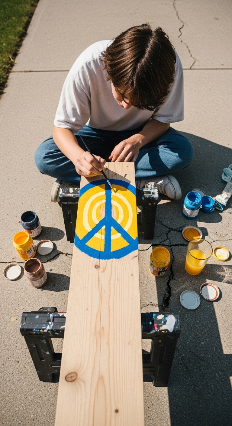 Decorating a boar for the garden with a peace symbol