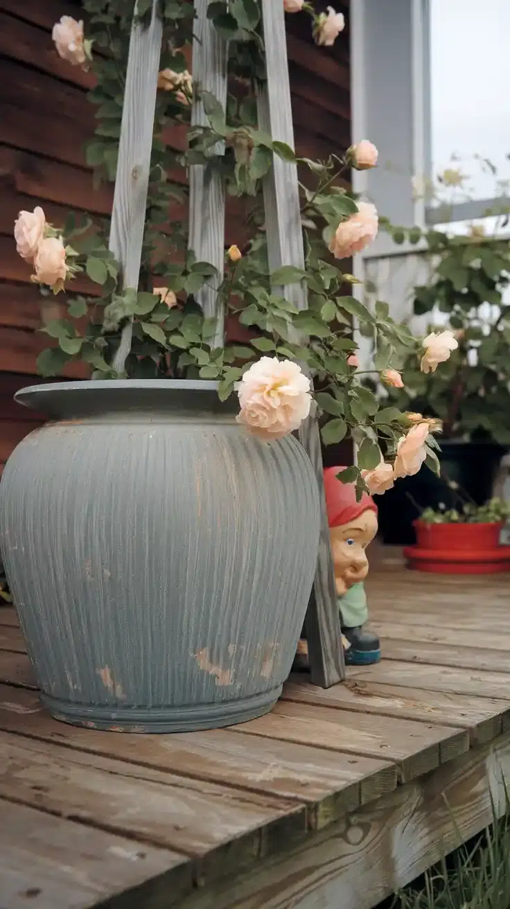 Mini rose 'Starlet Rose Lola' groving in pot