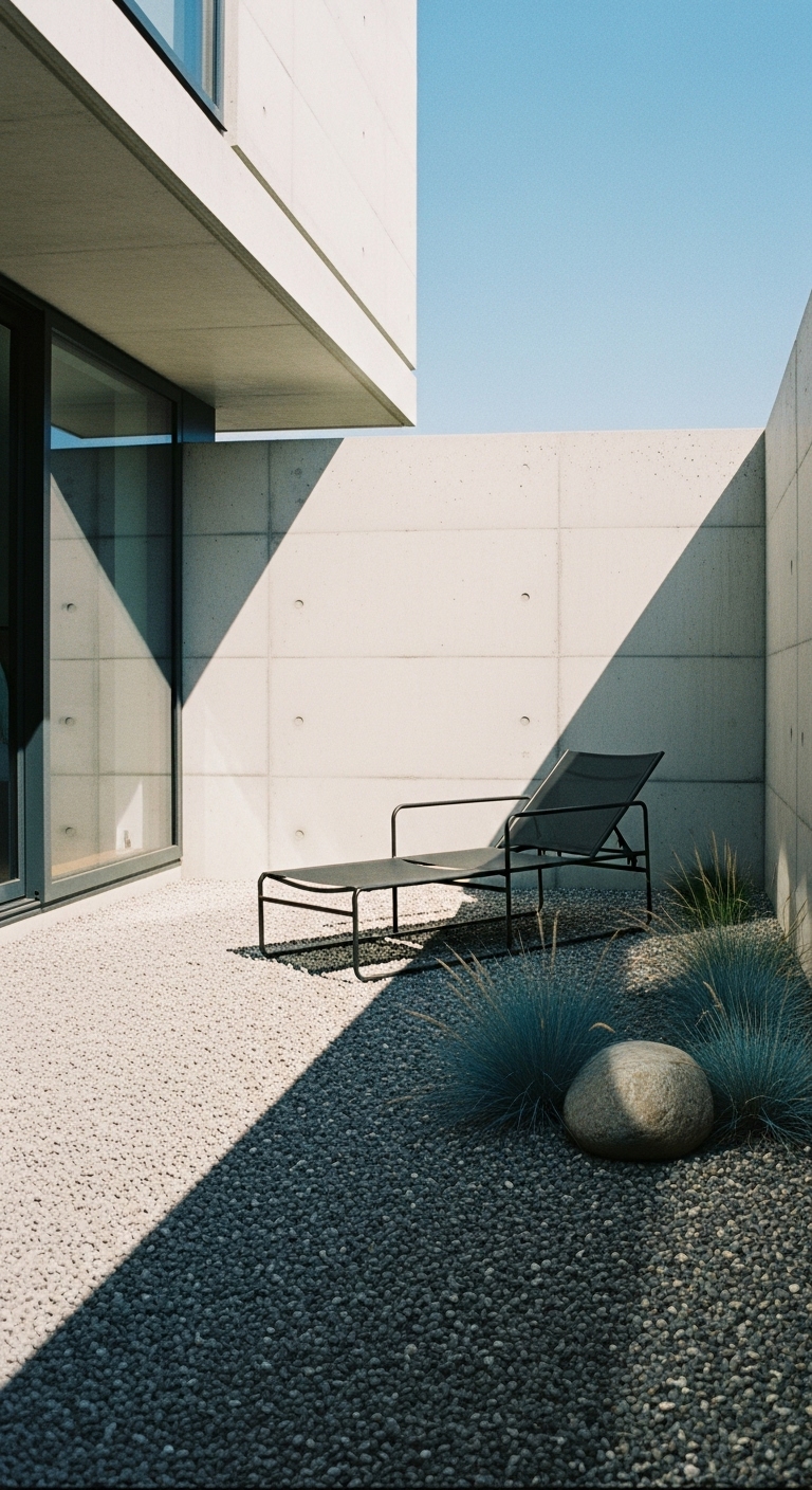 lounge chair, sparse blue fescue and a smooth river stone.