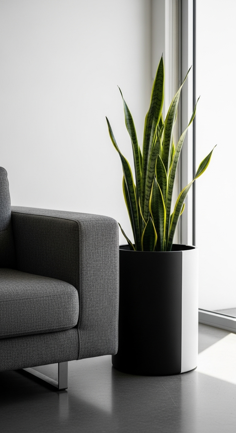 Minimalist setting with a snake plant in a modern pot