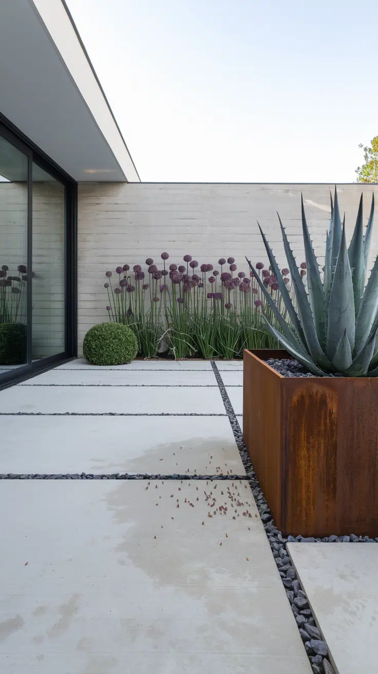 Corten steel raised bed with agave and tall purple alliums in the background